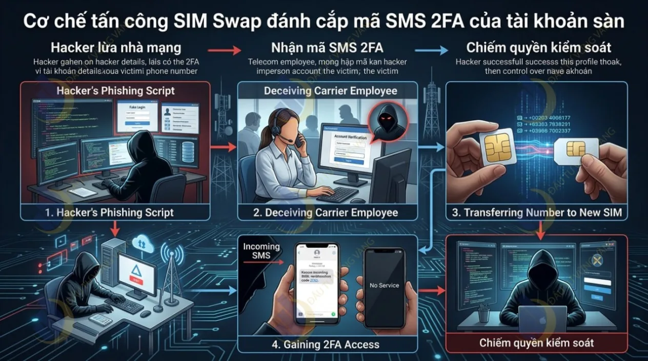 Cơ chế tấn công SIM Swap đánh cắp mã SMS 2FA của tài khoản sàn