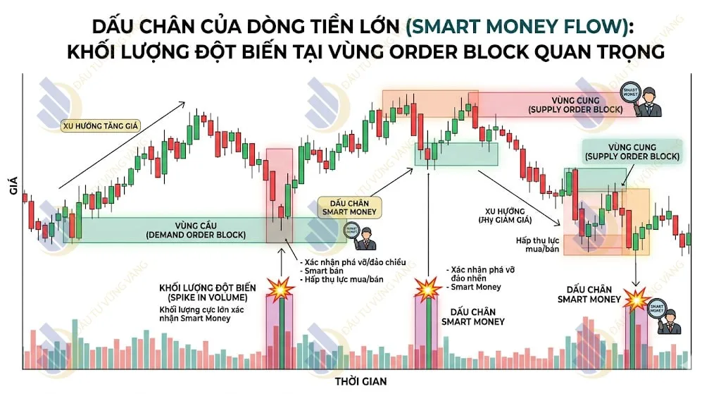 Dấu chân của dòng tiền lớn (Smart Money Flow) thể hiện qua khối lượng đột biến tại các vùng Order Block quan trọng