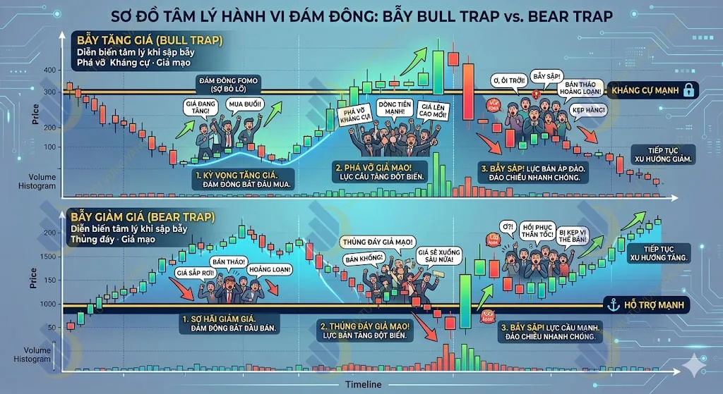 Diễn biến tâm lý đám đông khi sập bẫy Bull Trap (phá vỡ kháng cự giả mạo) và Bear Trap (thủng đáy giả mạo)