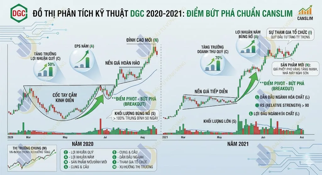 Đồ thị giá DGC giai đoạn 2020-2021 phân tích điểm bứt phá chuẩn CANSLIM