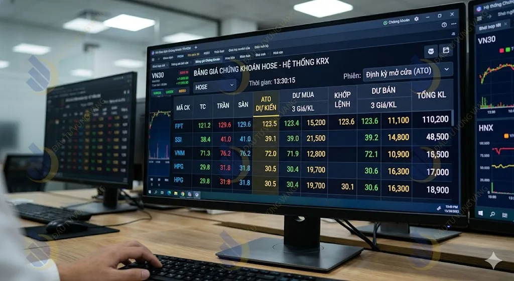 Giao diện bảng giá chứng khoán hiển thị rõ cột Mức giá dự kiến ATO/ATC thay vì các chữ cái thông thường trong hệ thống KRX