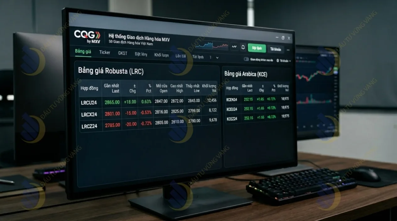Giao diện bảng giá hợp đồng cà phê Robusta (LRC) và Arabica (KCE) trên nền tảng phần mềm CQG do MXV cung cấp