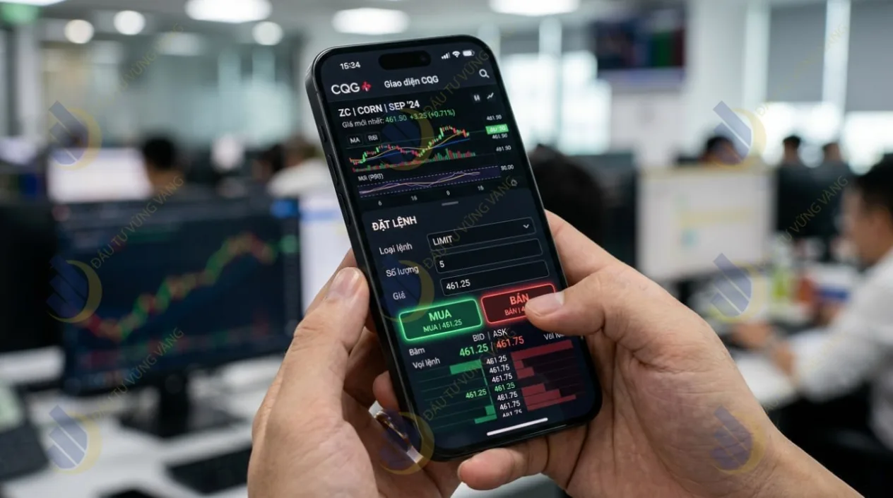 Giao diện đặt lệnh mua/bán thực tế trên phần mềm CQG cho hàng hóa phái sinh