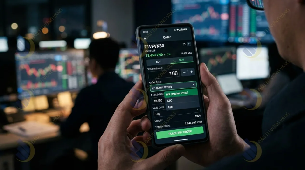 Giao diện đặt lệnh mua chứng chỉ quỹ ETF E1VFVN30 trên ứng dụng chứng khoán thực tế