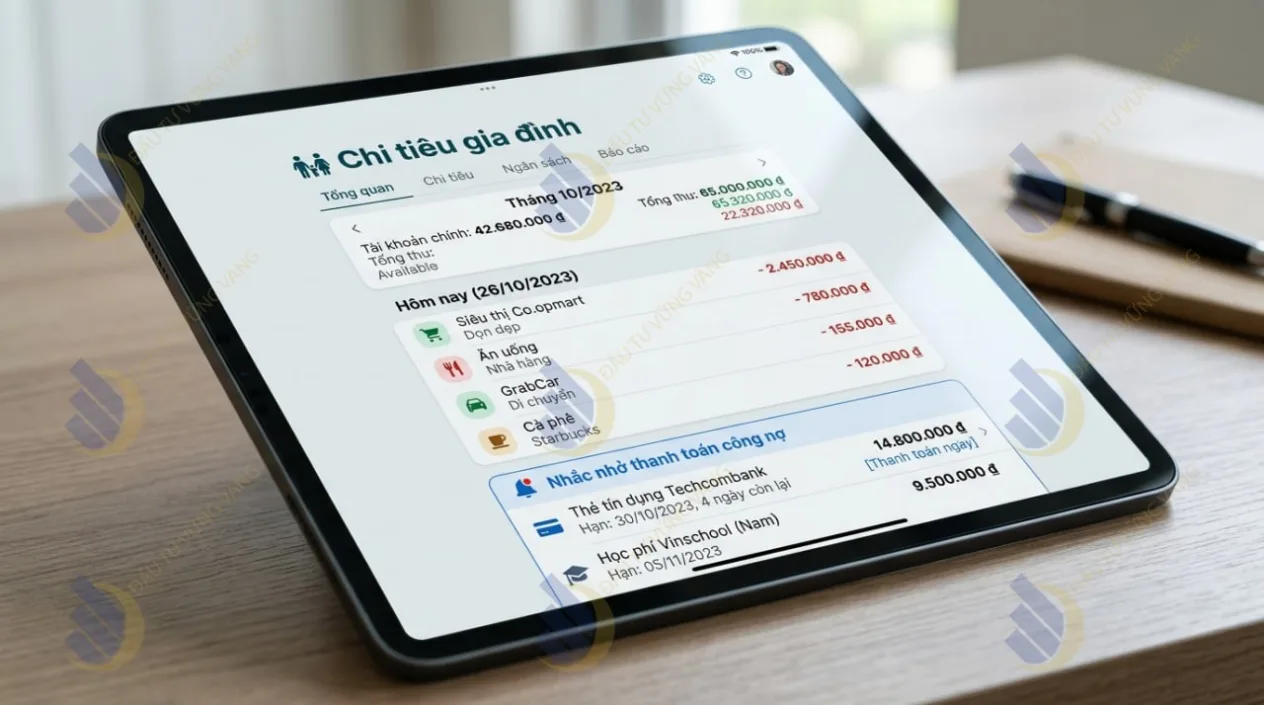 Giao diện nhắc nhở thanh toán công nợ và ghi chép chi tiêu gia đình trên Sổ Thu Chi Misa