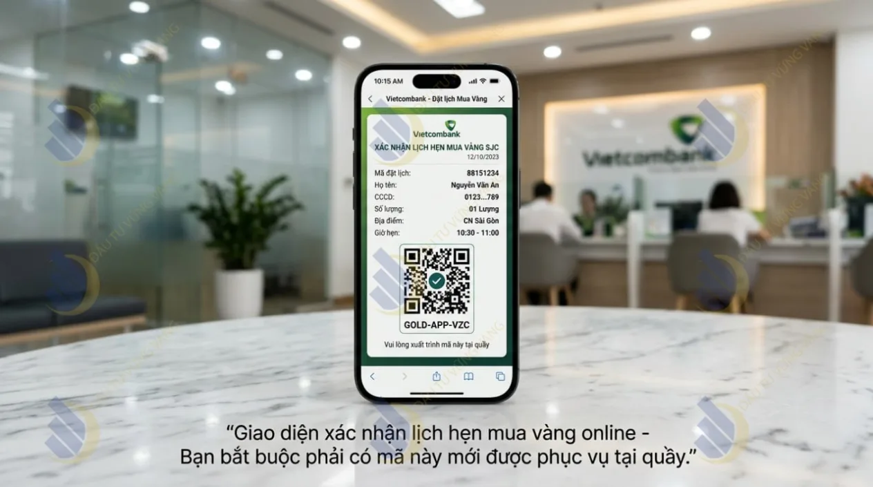 Giao diện xác nhận lịch hẹn mua vàng online - Bạn bắt buộc phải có mã này mới được phục vụ tại quầy