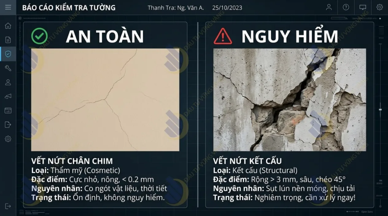 Graphic so sánh trực quan giữa vết nứt do lớp vữa trát ngoài (an toàn, nứt chân chim mỏng) và vết nứt kết cấu xé móng góc 45 độ (cực kỳ nguy hiểm, nứt sâu vào gạch)