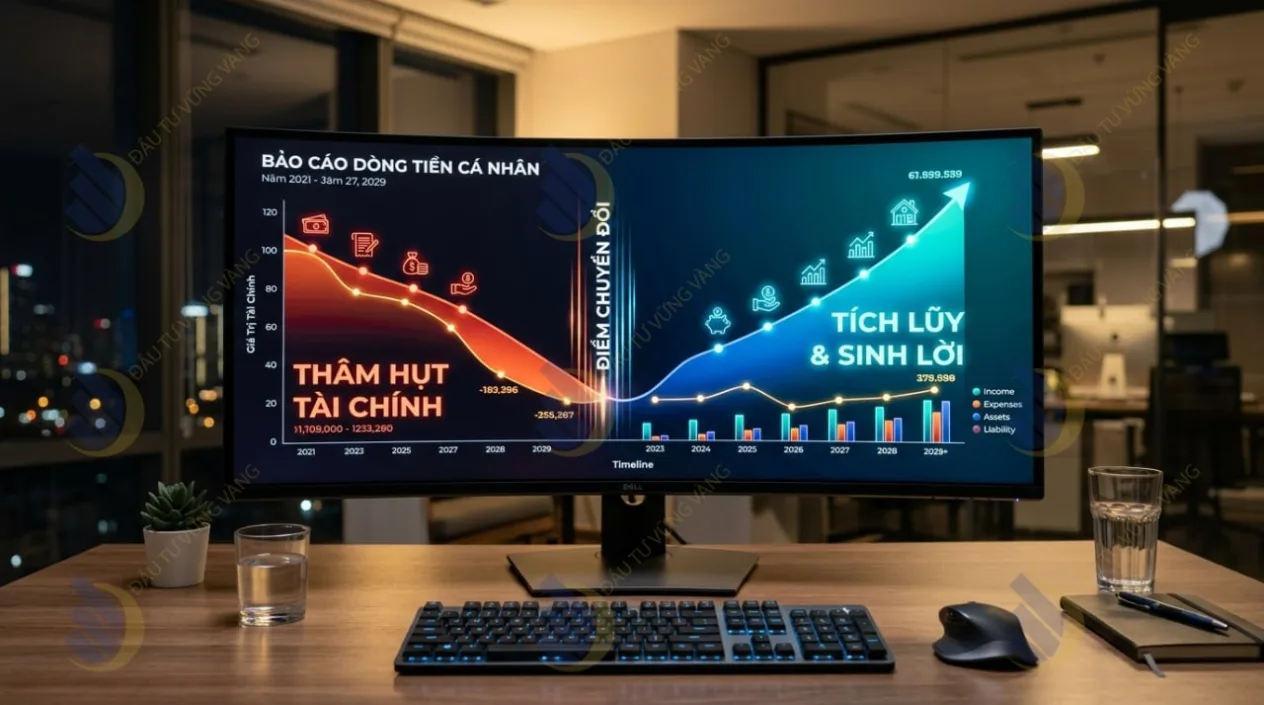 Hình minh họa biểu đồ dòng tiền cá nhân đi từ trạng thái thâm hụt (màu đỏ) sang trạng thái tích lũy sinh lời (màu xanh)