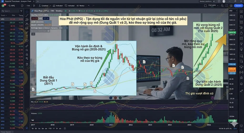 Hòa Phát (HPG) - Tận dụng tối đa nguồn vốn từ lợi nhuận giữ lại (chia cổ tức cổ phiếu) để mở rộng quy mô (Dung Quất 1 và 2), kéo theo sự bùng nổ của thị giá
