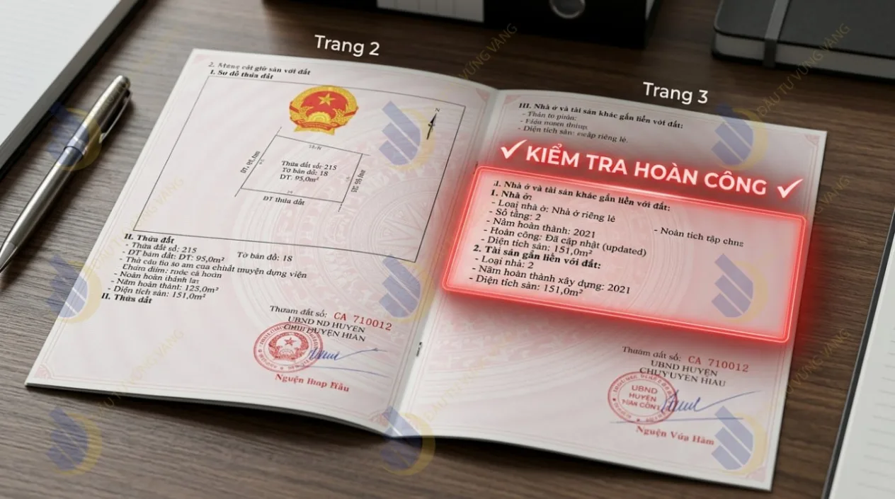 Hướng dẫn đọc Trang 2 và Trang 3 của Sổ hồng để phát hiện phần tài sản trên đất (nhà ở) đã được cập nhật hoàn công hay chưa