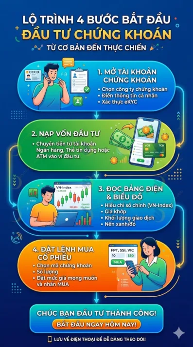 Infographic Timeline 4 bước bắt đầu đầu tư chứng khoán: Mở tài khoản -> Nạp vốn -> Đọc bảng điện -> Đặt lệnh mua
