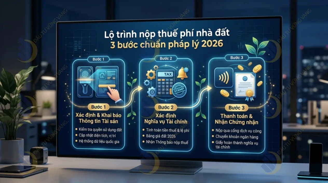 Infographic lộ trình 3 bước nộp thuế phí nhà đất chuẩn pháp lý 2026