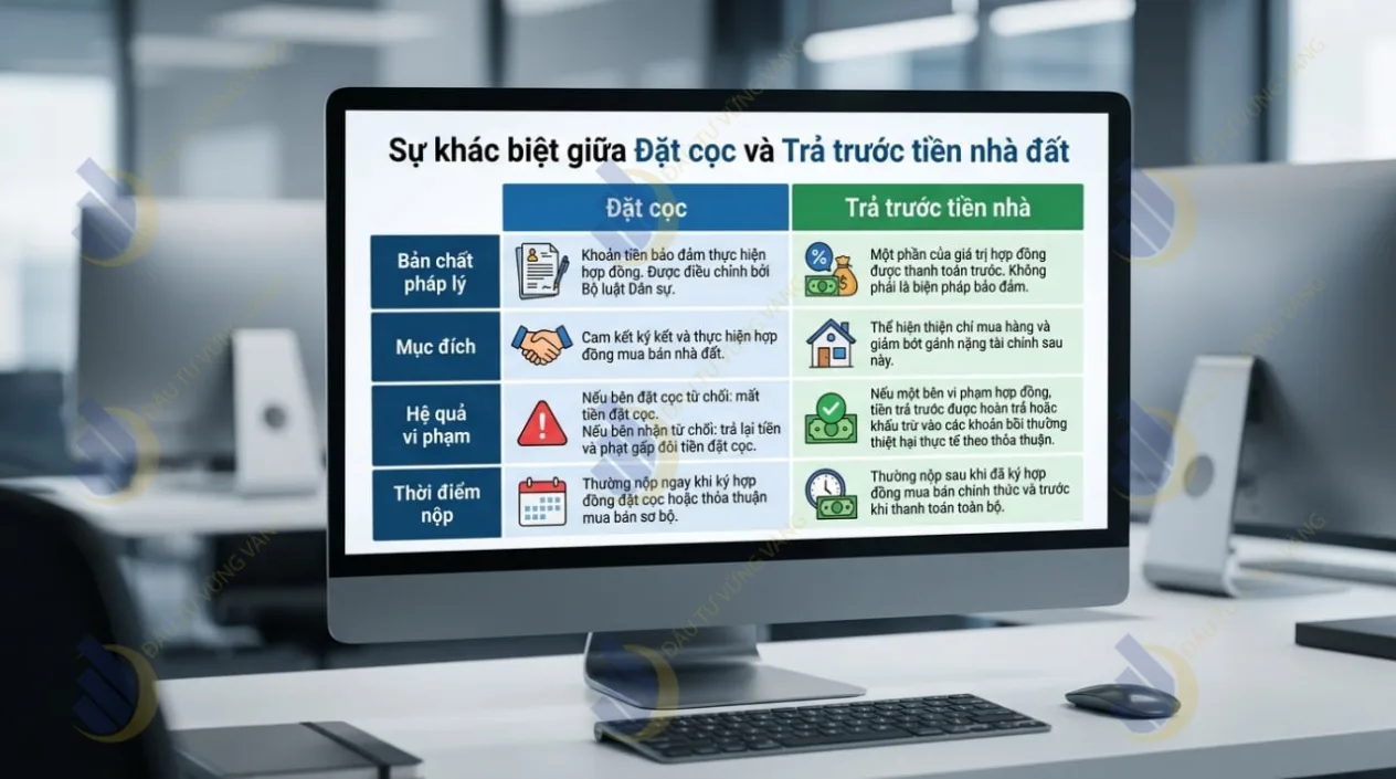 Infographic minh họa trực quan sự khác biệt giữa Đặt cọc và Trả trước tiền nhà đất