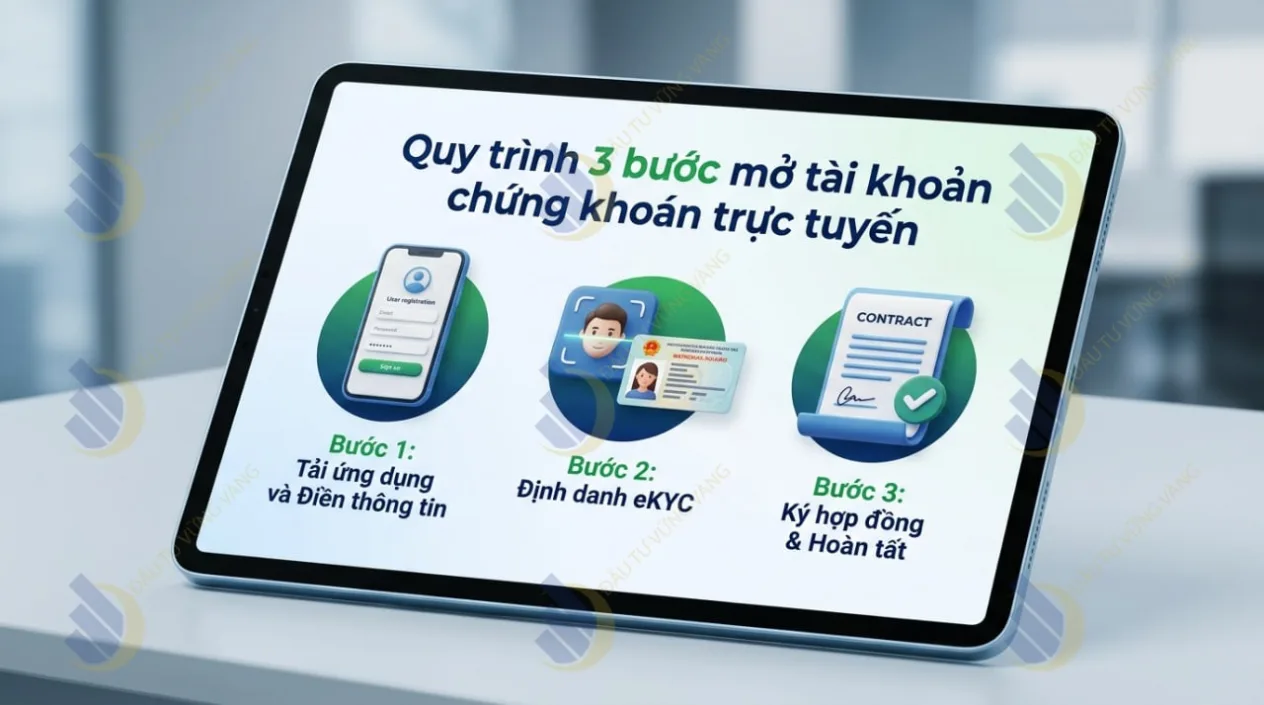 Infographic quy trình 3 bước mở tài khoản chứng khoán trực tuyến từ điện thoại