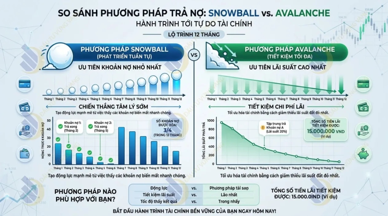Infographic so sánh trực quan hiệu quả của phương pháp Snowball và Avalanche qua 12 tháng