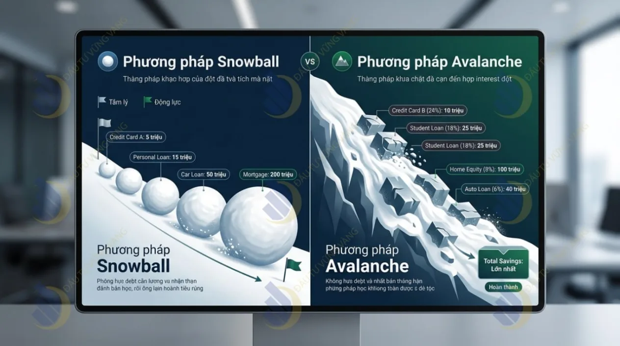 Infographic so sánh trực quan phương pháp trả nợ Snowball vs Avalanche