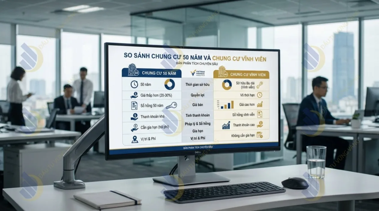 Infographic thiết kế trực quan bảng so sánh chi tiết chung cư 50 năm và chung cư sở hữu lâu dài (vĩnh viễn)