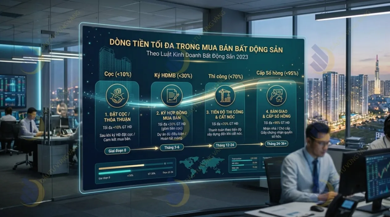 Infographic tóm tắt 4 mốc thanh toán tối đa theo Luật KDBĐS 2023