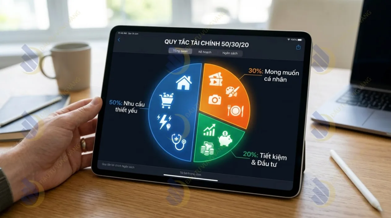 Infographic trực quan thể hiện tỷ lệ phân bổ 50/30/20