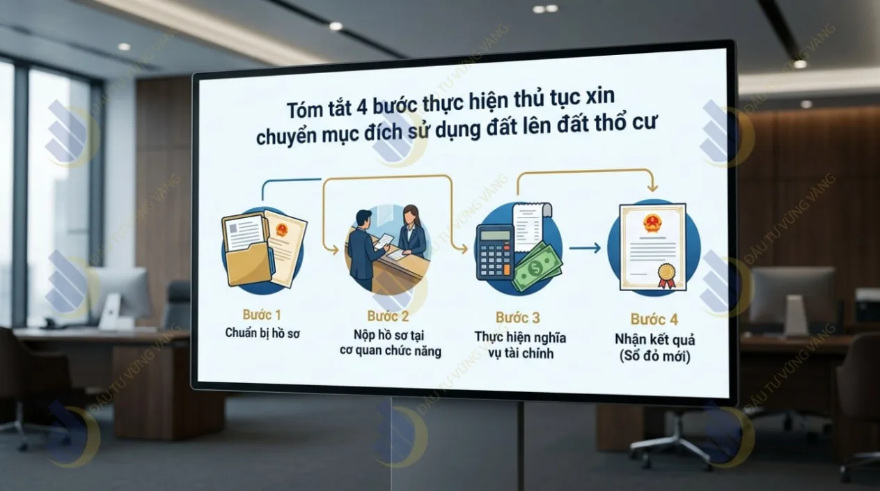 Infographic trực quan tóm tắt 4 bước thực hiện thủ tục xin chuyển mục đích sử dụng đất lên đất thổ cư