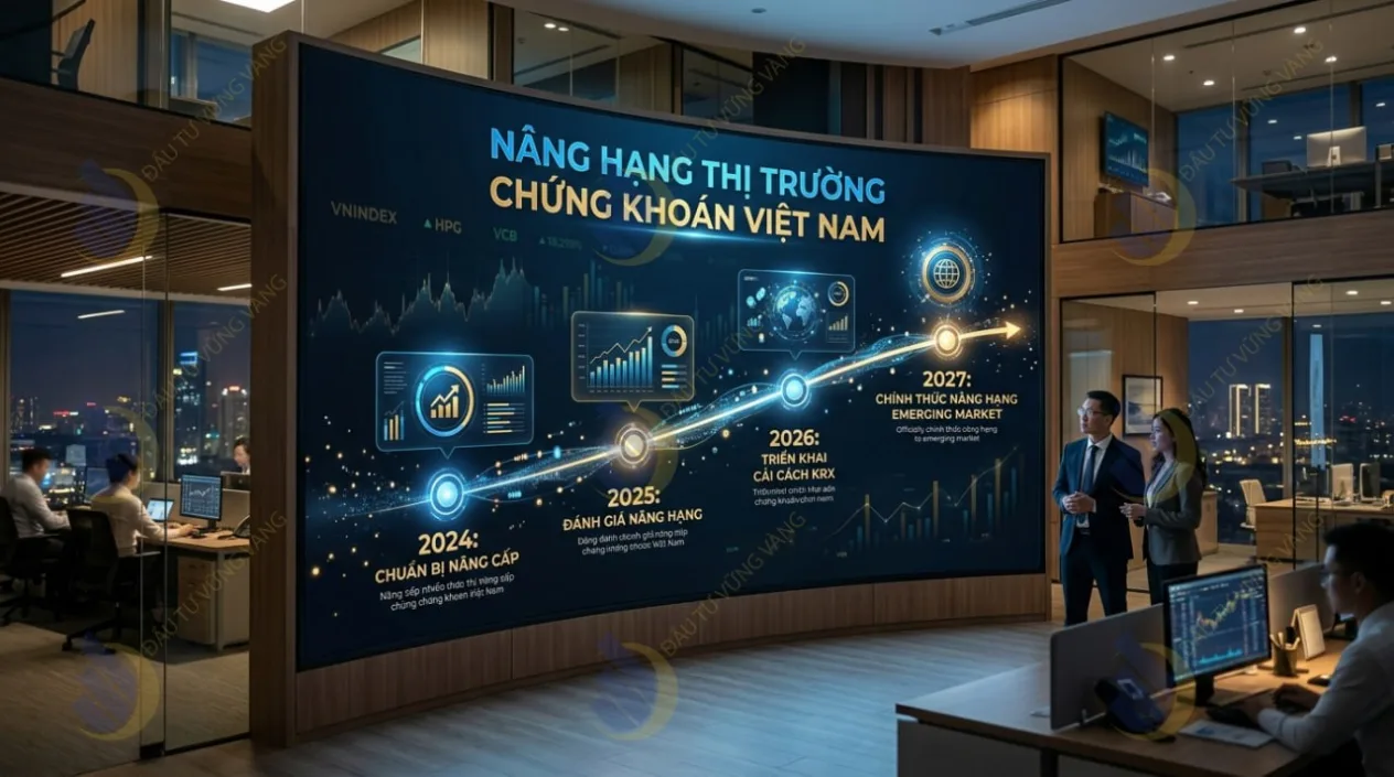 Infographic trục thời gian (Timeline) thể hiện các cột mốc nâng hạng thị trường chứng khoán Việt Nam từ 2024 đến 2027