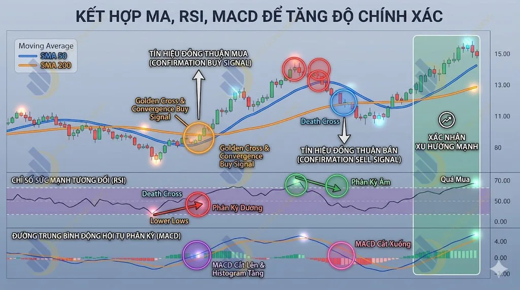Kết hợp MA với RSI và MACD để tăng độ chính xác
