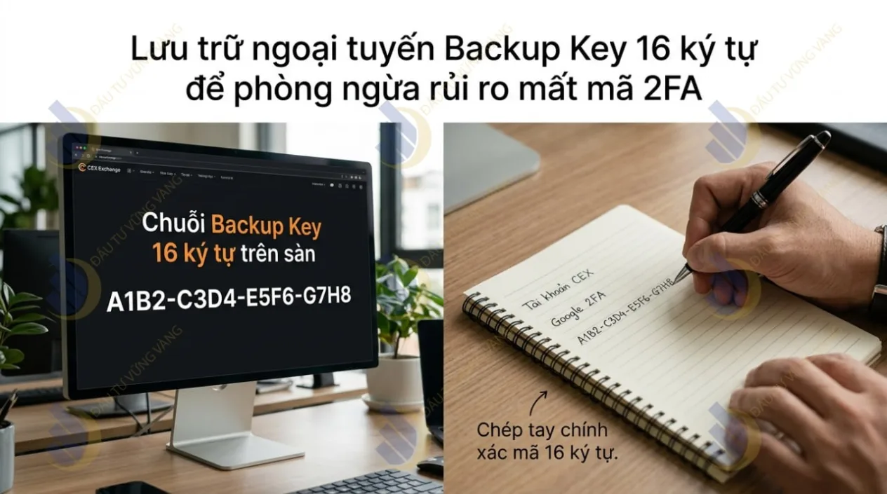 Lưu trữ ngoại tuyến Backup Key 16 ký tự để phòng ngừa rủi ro mất mã 2FA