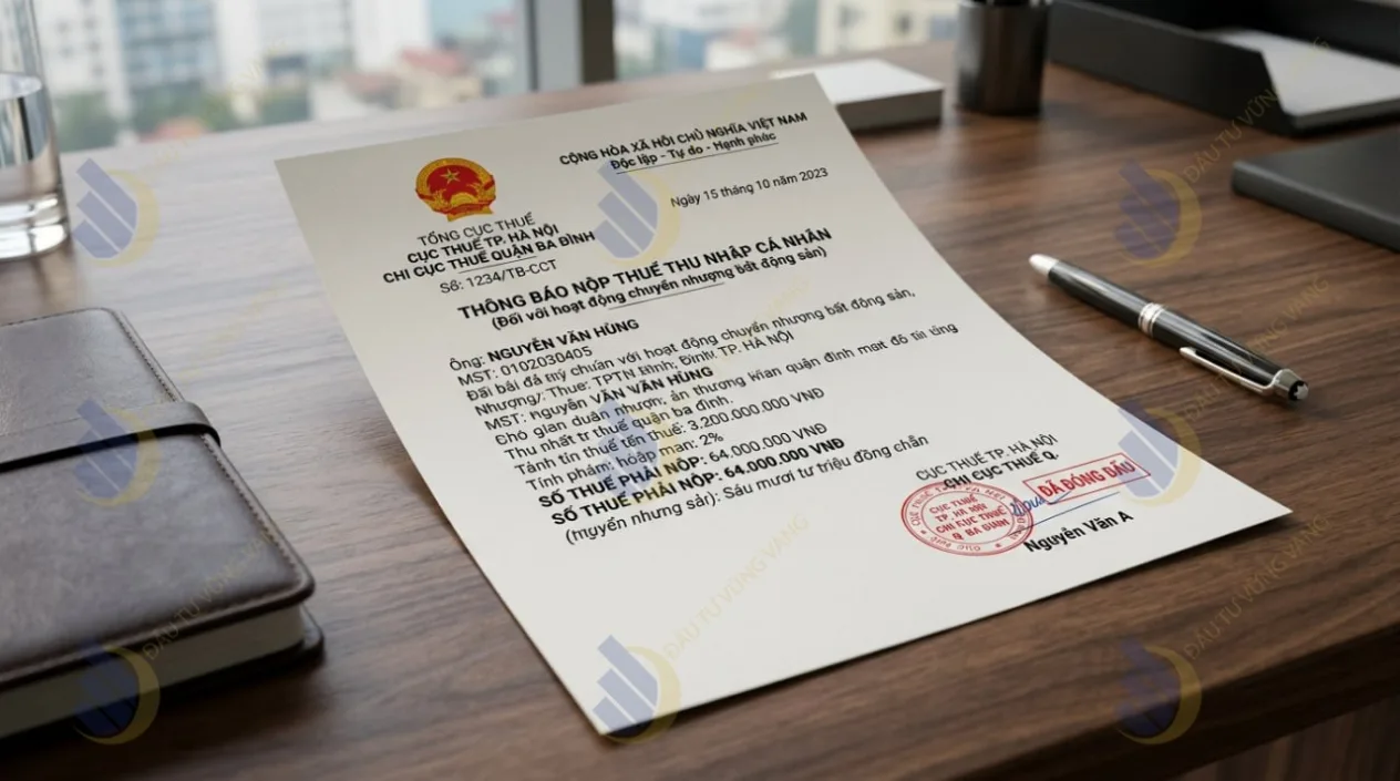 Mẫu thông báo nộp thuế thu nhập cá nhân chuyển nhượng bất động sản từ cơ quan thuế