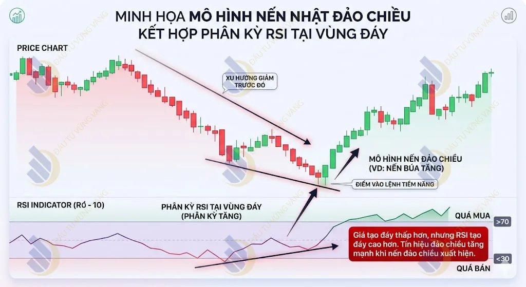 Minh họa mô hình nến Nhật đảo chiều kết hợp chỉ báo phân kỳ RSI tại vùng đáy