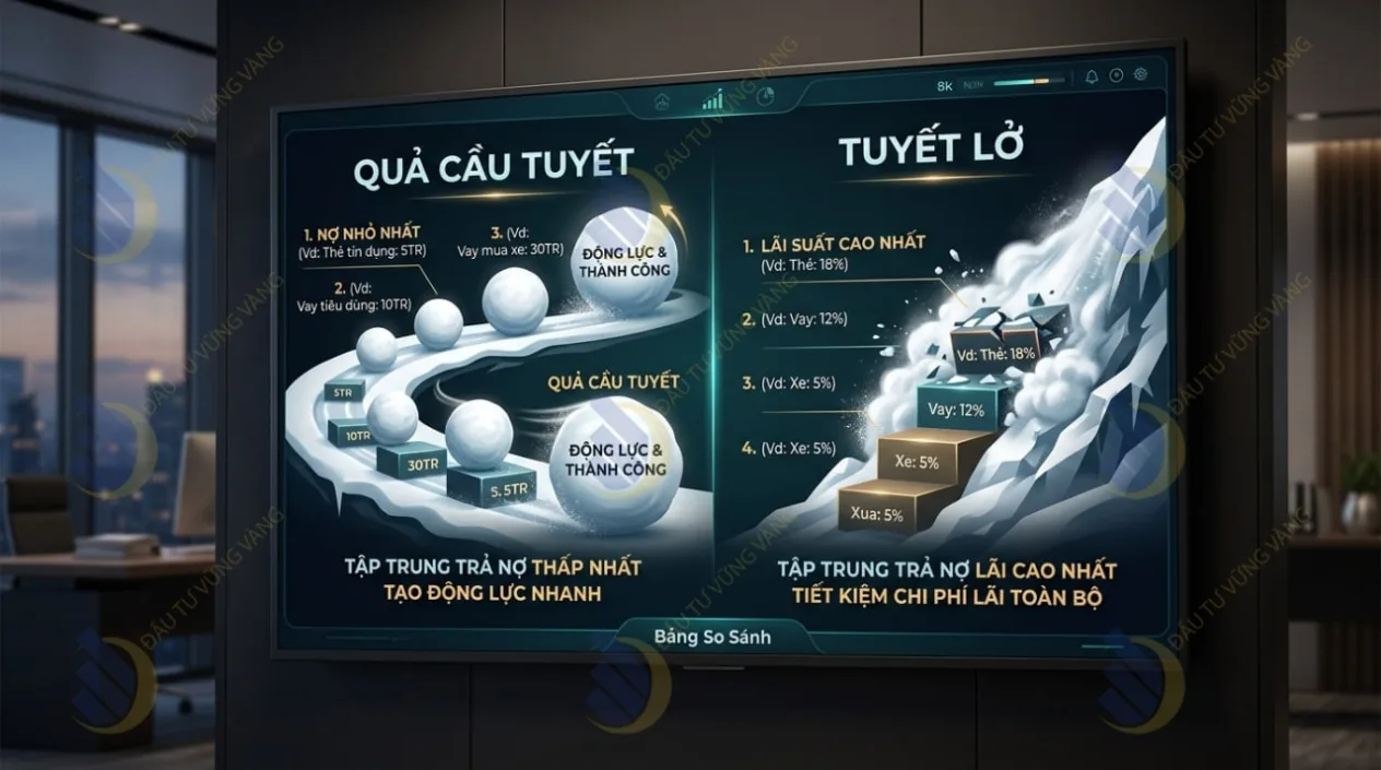 Minh họa so sánh trực quan hình ảnh Quả cầu tuyết (tích lũy động lực) vs Tuyết lở (tối ưu lãi suất)