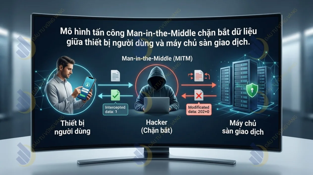 Mô hình tấn công Man-in-the-Middle chặn bắt dữ liệu giữa thiết bị người dùng và máy chủ sàn giao dịch