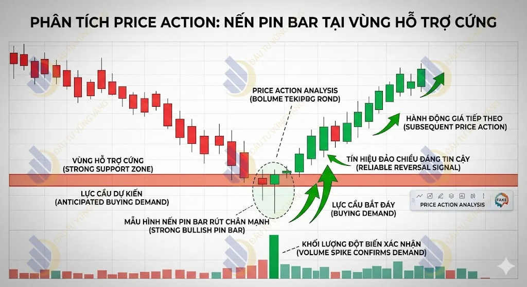 Phản ứng của giá (Price Action) khi chạm vùng hỗ trợ cứng, hình thành mẫu hình nến rút chân (Pin Bar) báo hiệu lực cầu bắt đáy