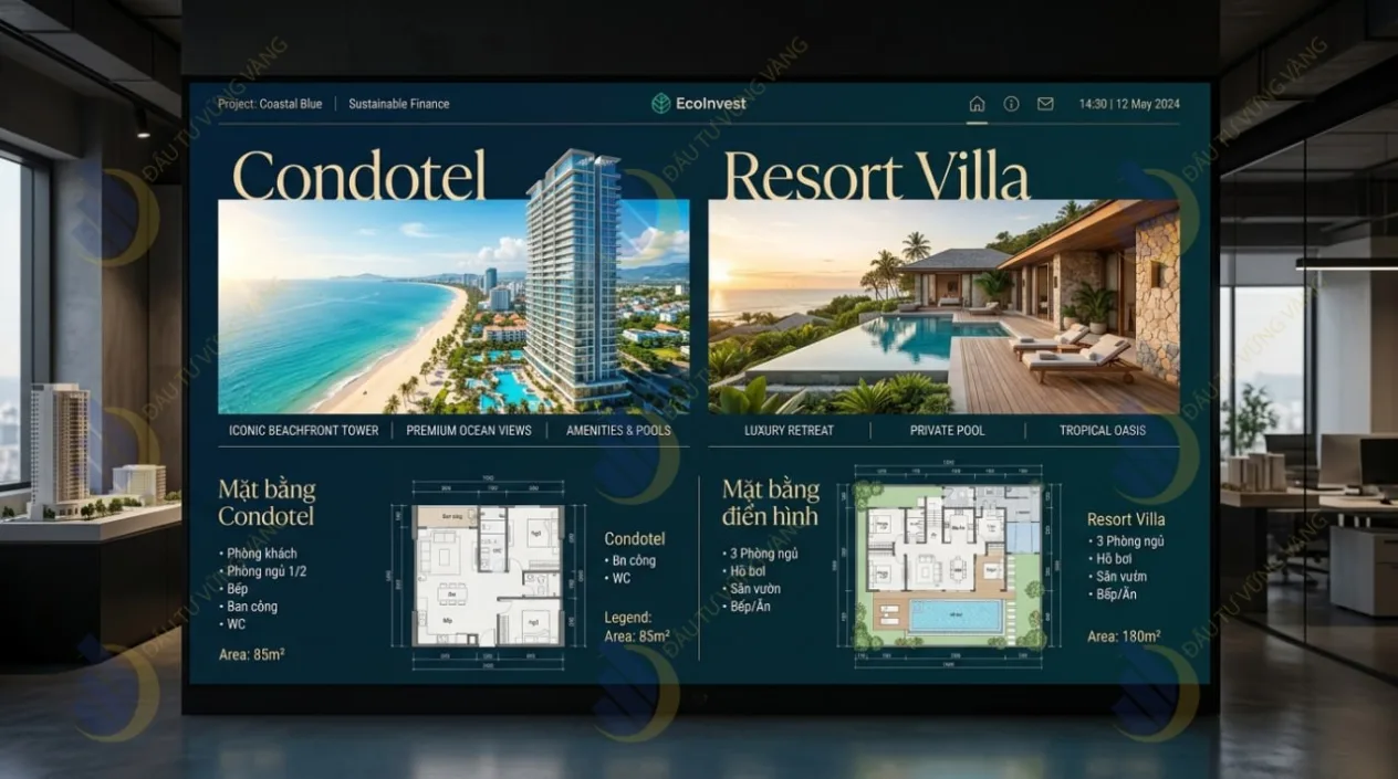 Phối cảnh kiến trúc và mặt bằng điển hình của Condotel và Resort Villa