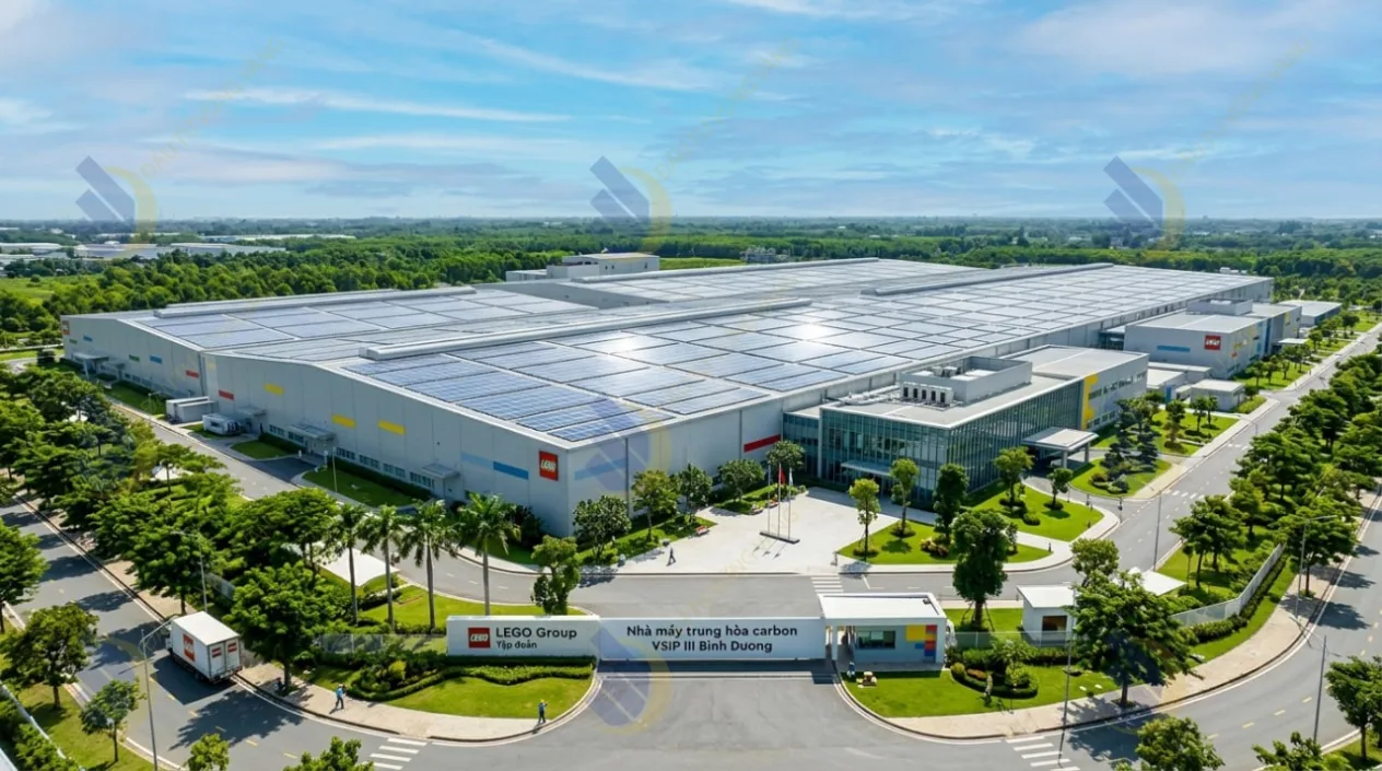 Phối cảnh nhà máy trung hòa carbon trị giá 1 tỷ USD của Tập đoàn LEGO tại VSIP III Bình Dương với hệ thống điện mặt trời áp mái quy mô lớn