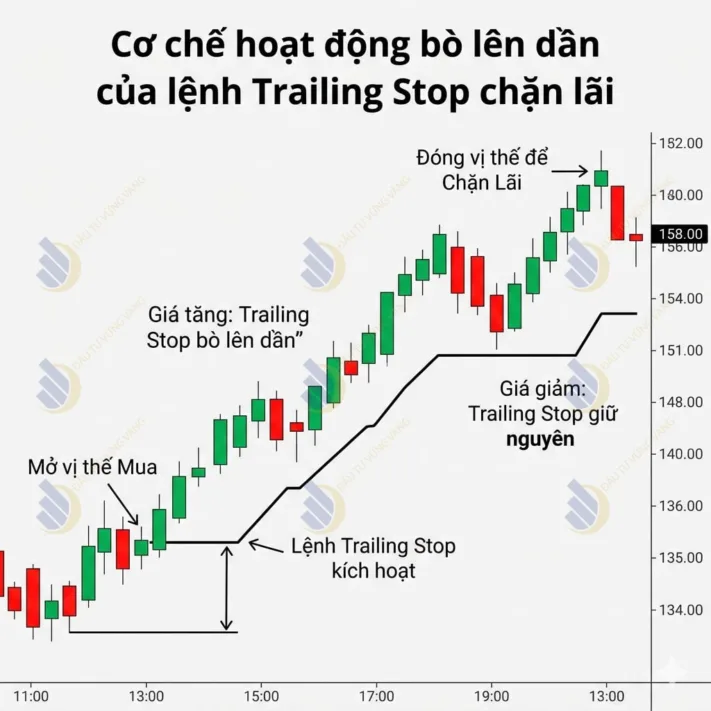 Sơ đồ đồ thị nến minh họa cơ chế hoạt động bò lên dần của lệnh Trailing Stop chặn lãi