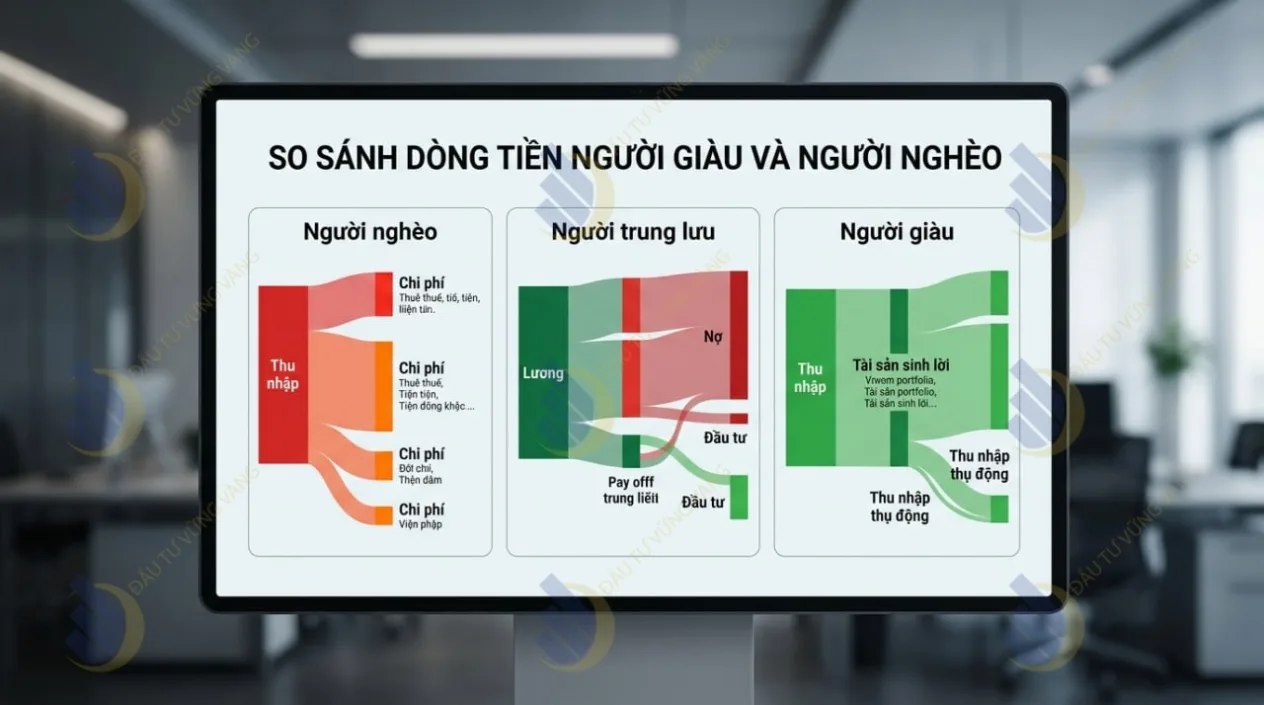 Sơ đồ luân chuyển dòng tiền (Cash Flow) so sánh 3 tầng lớp: Người nghèo - Người trung lưu - Người giàu