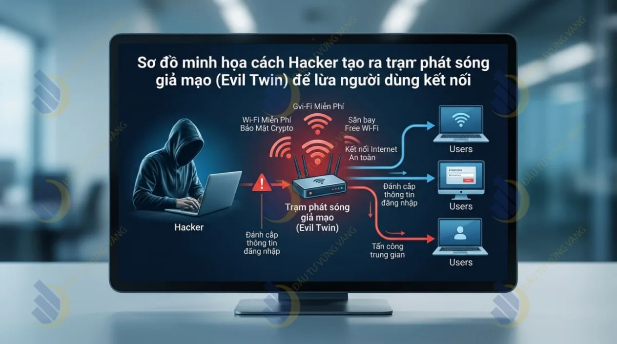 Sơ đồ minh họa cách Hacker tạo ra trạm phát sóng giả mạo (Evil Twin) để lừa người dùng kết nối