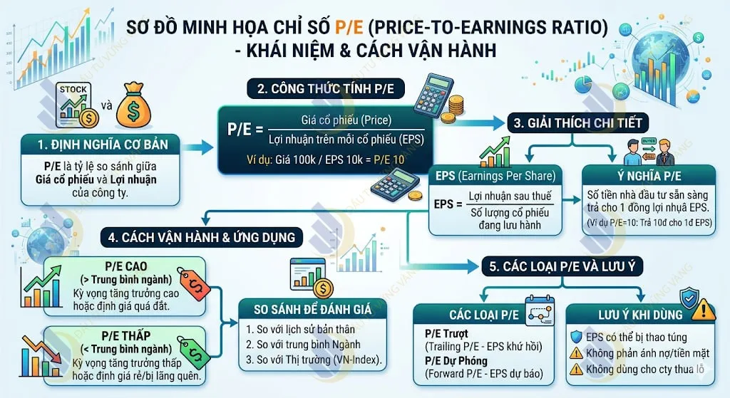 Sơ đồ minh họa khái niệm cốt lõi và cách vận hành của chỉ số định giá P/E