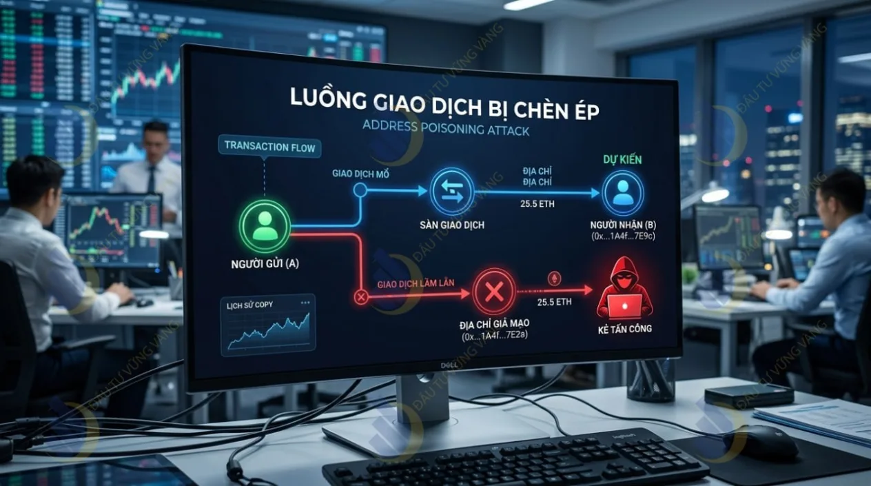 Sơ đồ minh họa luồng giao dịch bị chèn ép bởi kẻ tấn công Address Poisoning