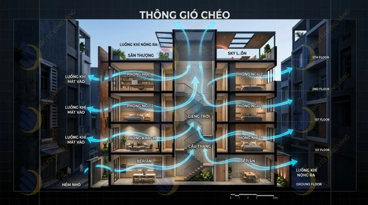 Sơ đồ minh họa luồng gió Cross-ventilation (thông gió chéo) giúp giải quyết triệt để tình trạng bế khí cho nhà ống trong hẻm sâu