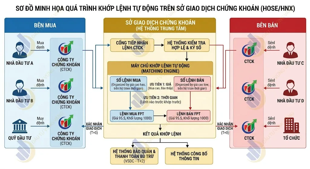 Sơ đồ minh họa quá trình khớp lệnh tự động giữa bên Mua và bên Bán trên hệ thống Sở Giao dịch Chứng khoán