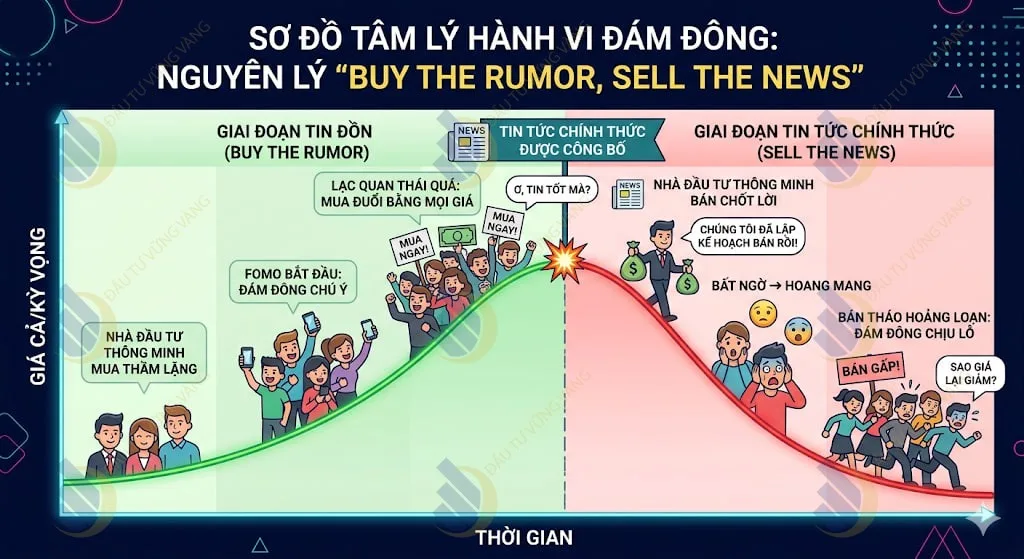 Sơ đồ tâm lý hành vi đám đông theo nguyên lý "Buy the Rumor, Sell the News"
