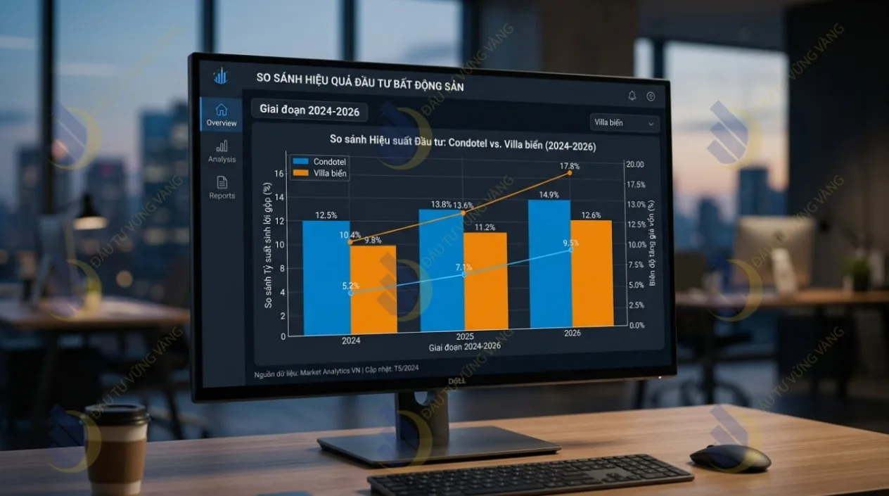 So sánh Tỷ suất sinh lời gộp (Gross Yield) và Biên độ tăng giá vốn giữa Condotel và Villa biển giai đoạn 2024-2026