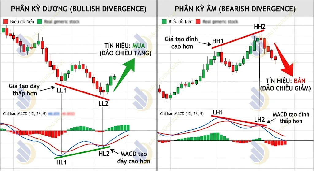 So sánh trực quan Phân kỳ dương (nối 2 đáy) và Phân kỳ âm (nối 2 đỉnh) giữa biểu đồ nến và MACD