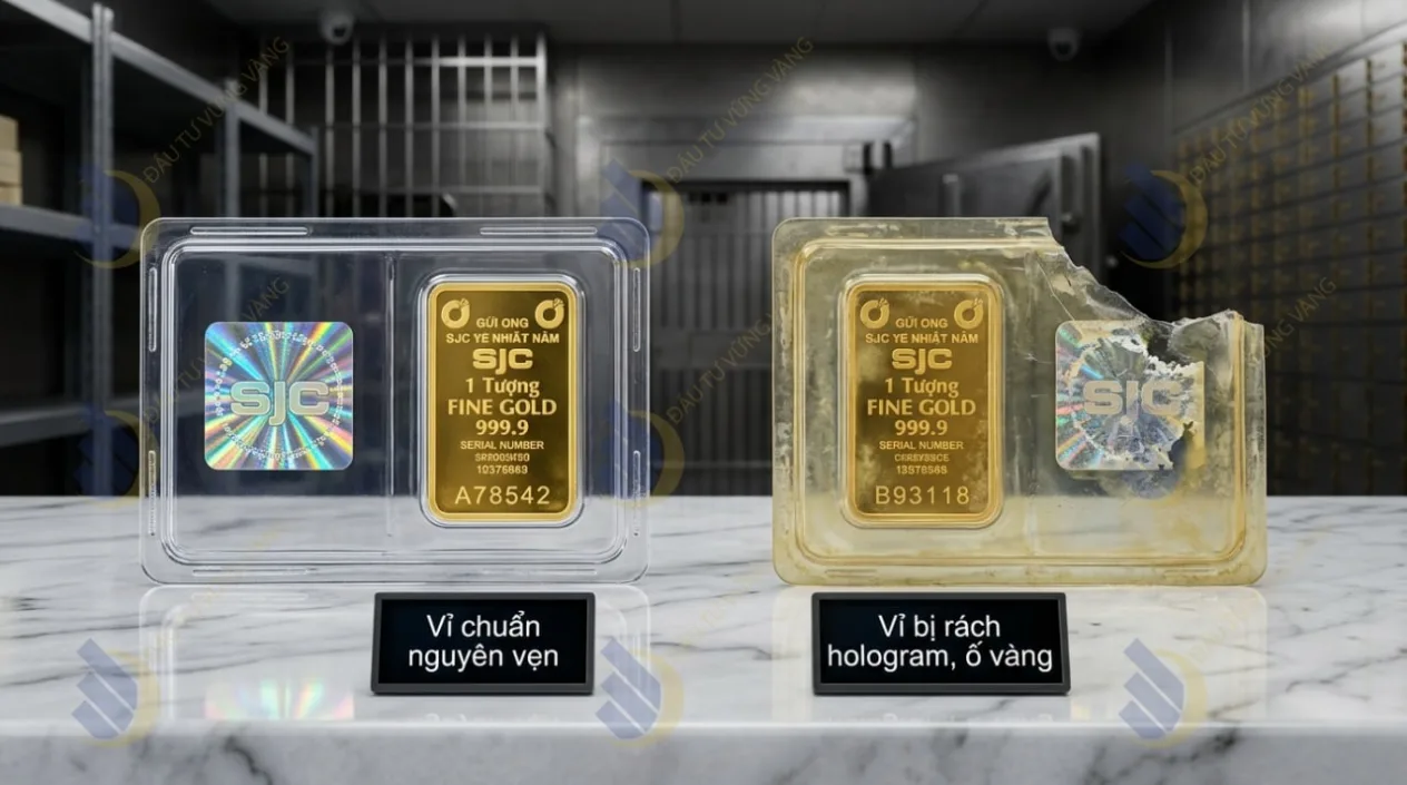 So sánh trực quan vỉ vàng SJC chuẩn form nguyên vẹn và vỉ SJC bị rách màng hologram/ố vàng