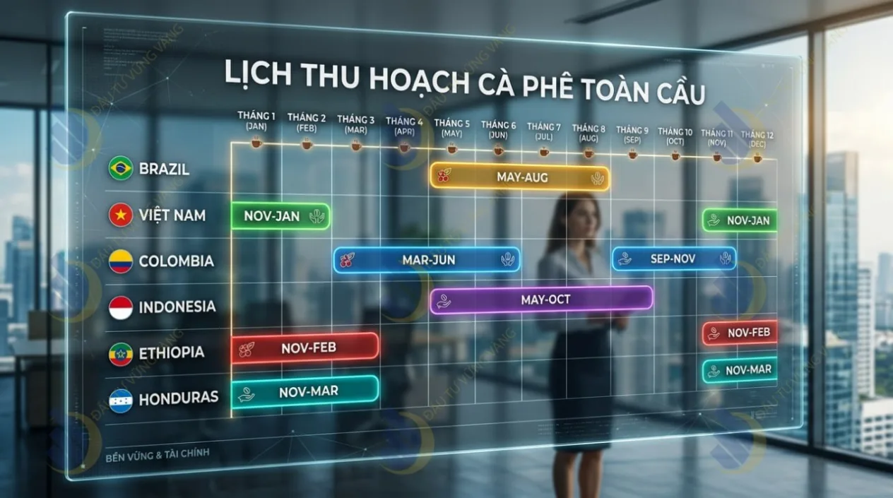 Trục thời gian (Timeline) thể hiện các tháng thu hoạch cao điểm của các quốc gia xuất khẩu cà phê hàng đầu