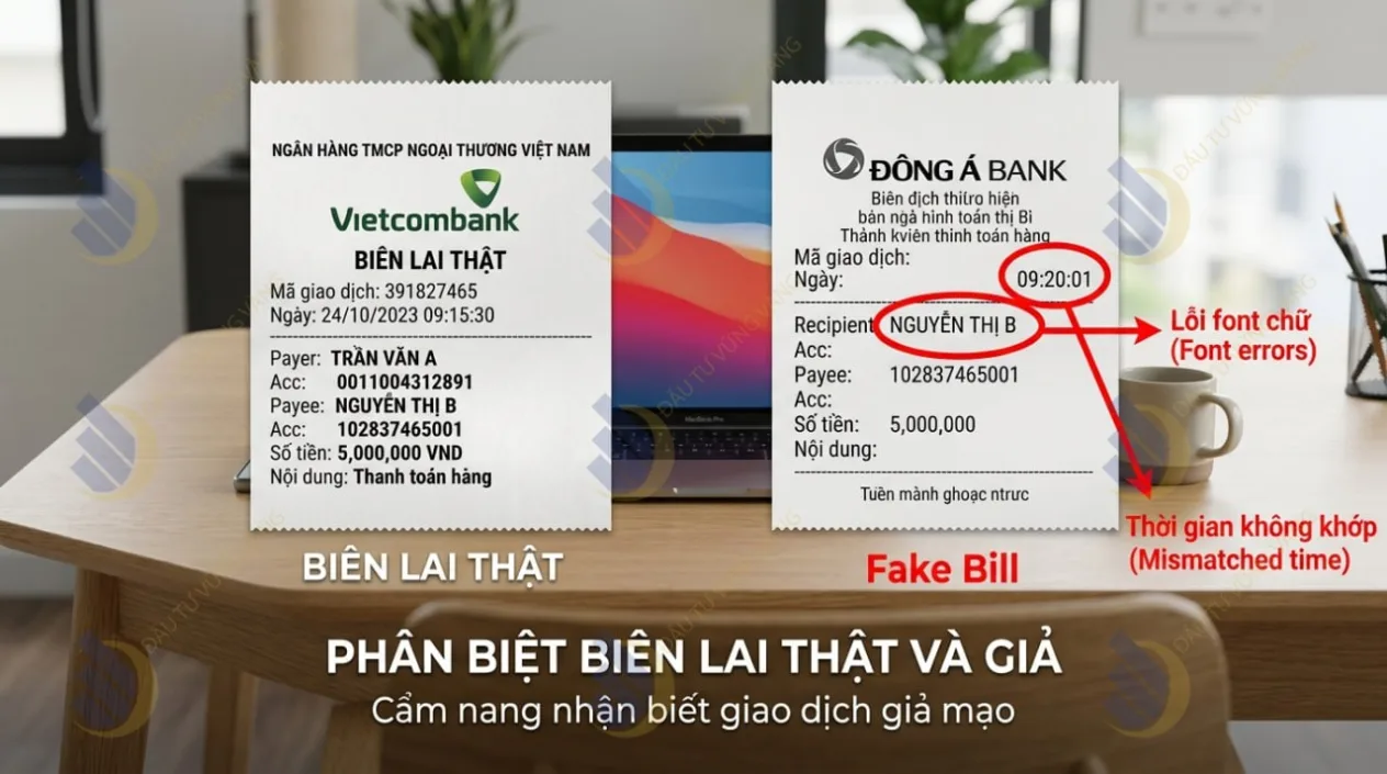 Ví dụ so sánh một biên lai chuyển tiền thật và một Fake Bill tinh vi thường gặp