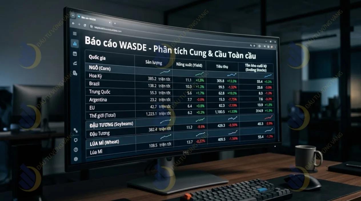 ảnh minh họa bảng số liệu báo cáo WASDE với các chỉ số tồn kho, năng suất