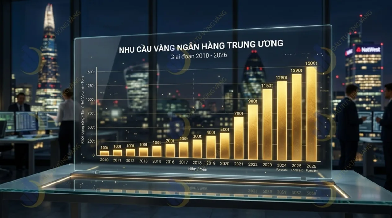 biểu đồ cột thể hiện khối lượng mua ròng vàng của các Ngân hàng Trung ương (Central Bank Gold Demand) từ năm 2010 đến nay
