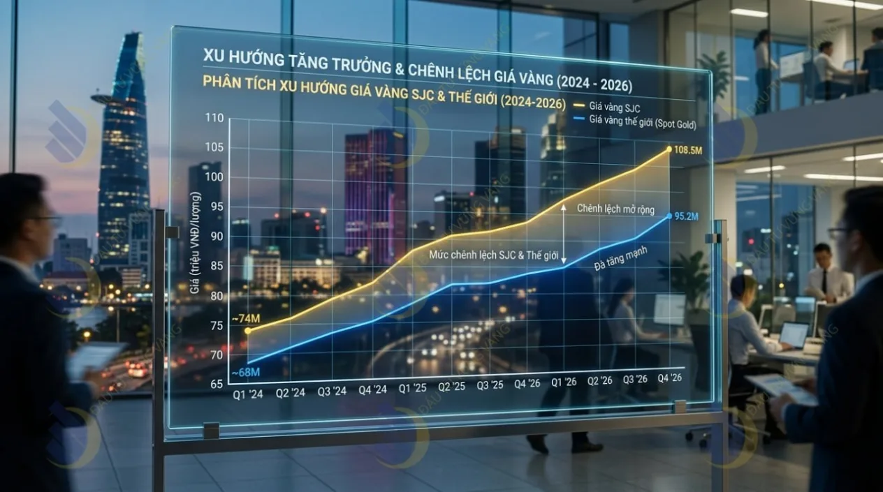 biểu đồ đường (Line chart) thể hiện đà tăng và mức chênh lệch giá vàng SJC so với vàng thế giới (Spot Gold) giai đoạn 2024 - 2026